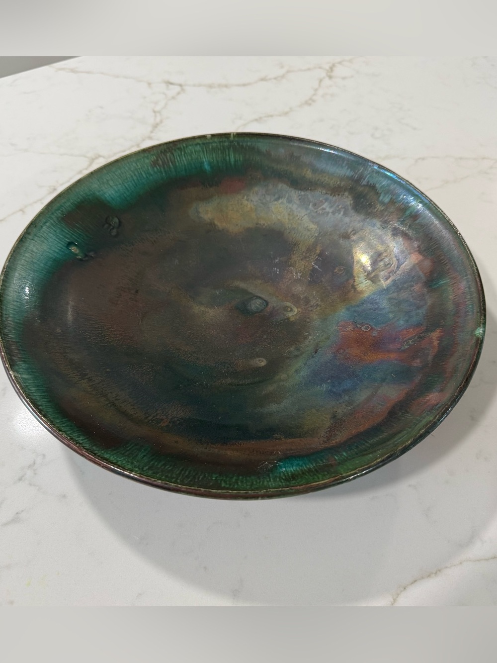 Signed Tony Evans Raku Bowl #41 12” Studio Art Pottery Iridescent Centerpiece